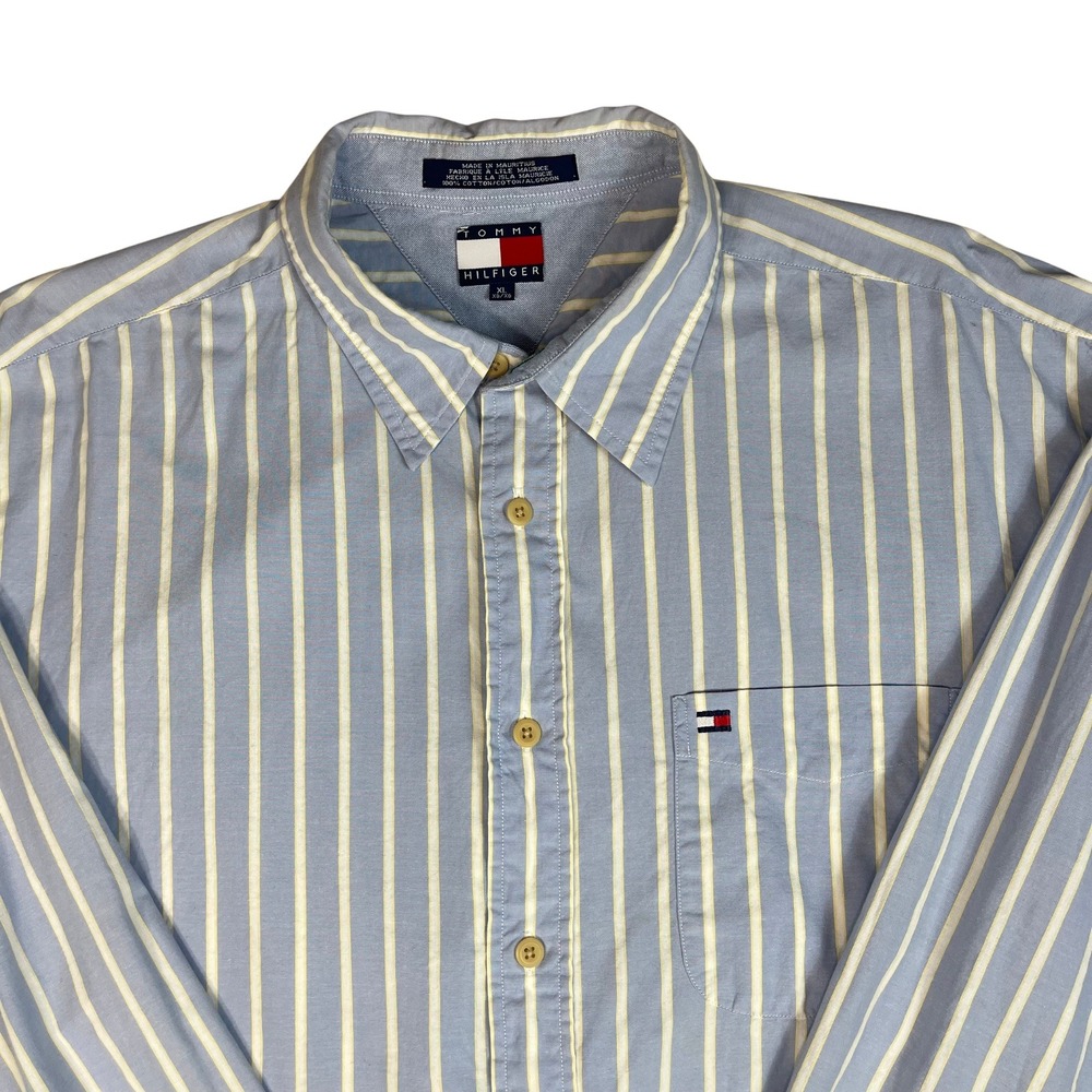 Tommy Hilfiger Mens Button Down Shirt XL Blue White Stripe Pocket Logo Casual - Picture 5 of 12